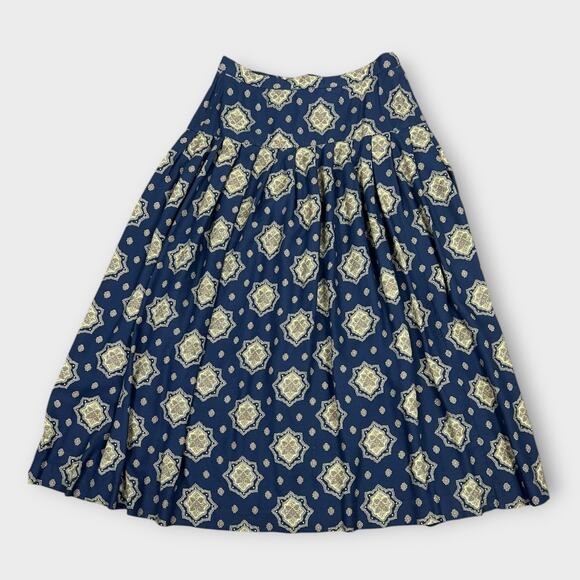 Liz Claiborne Navy Blue Pleated Thick Rayon Mandala Boho Print Midi Skirt XS 0 - Picture 1 of 7